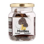 Sabarot Dried Morel Mushrooms in a clear container, showcasing their dark, textured appearance for gourmet cooking.