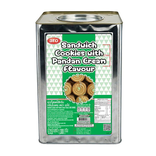 ARO Sandwich Cookies Pandan Cream, 1.3 Kg, showing stacked creamy pandan-flavored sandwich cookies with packaging in the background.
