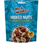 Mixed roasted and unsalted nuts in a Nut Walker Deluxe confectionery snack package with a variety of nuts visible.