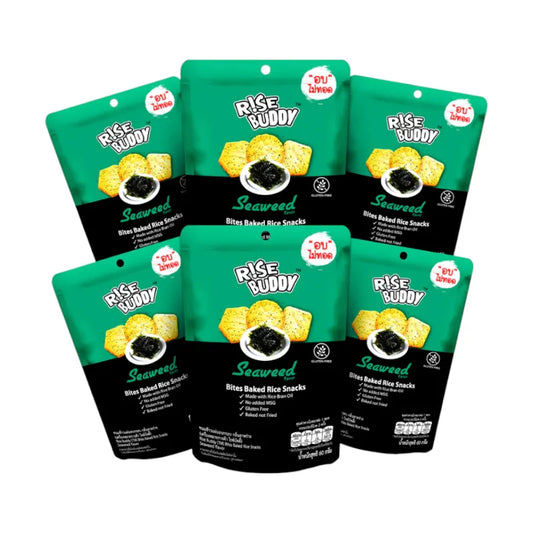 RISE BUDDY Crispy Baked Rice Snack Seaweed Flavor pack of 6, showing a colorful array of seaweed-flavored rice snacks in a resealable bag.