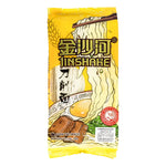 Jinshahe wide dried noodles in 500g package, showing fresh, uncooked yellow noodles in a clear plastic bag.