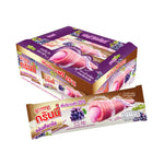 GRINNY Grinny Kyoho Grape coated snack filled with cream, 15g, in a clear package with purple grapes and creamy filling visible.