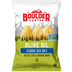 Boulder Canyon Olive Oil Kettle Chips in a bowl, crispy snack with golden color and ridged texture, packaged as confectionery snack.