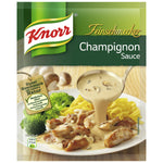 Creamy Knorr Champignon Sauce in a jar, ideal for enhancing pasta and meat dishes with mushroom flavor.