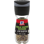McCormick Garlic Pepper seasoning grinder with freshly ground garlic and black pepper in a clear grinder container.