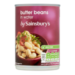 Sainsbury's butter beans in water in a can, showing the label and product details on the packaging.