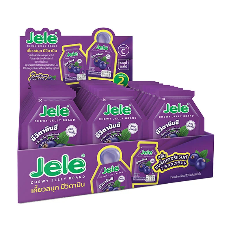 JELE Chewy Jelly Blackcurrant flavor, 18g snack pack, showcasing colorful, chewy jelly candies in a clear package.
