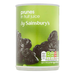 Sainsbury's prunes in fruit juice in a clear glass jar, showcasing dark, chewy prunes submerged in juice.