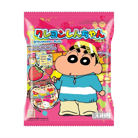 Shinchan Strawberry Candy 270g bag with colorful wrapped candies, featuring bright strawberry designs and playful Shinchan branding.