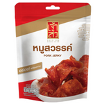 Chao Sua Pork Jecky confectionery snack package with colorful branding and images of pork jerky slices.