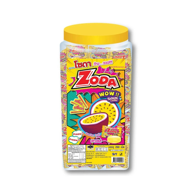 ZODA WOW Passion Fruit Candy 737.5 g, 295 pieces showing colorful individually wrapped candies in a clear bag.