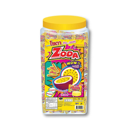 ZODA WOW Passion Fruit Candy 737.5 g, 295 pieces showing colorful individually wrapped candies in a clear bag.