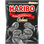 Haribo Pontefract Cakes soft liquorice gummies, chewy confectionery snacks in a colorful package.
