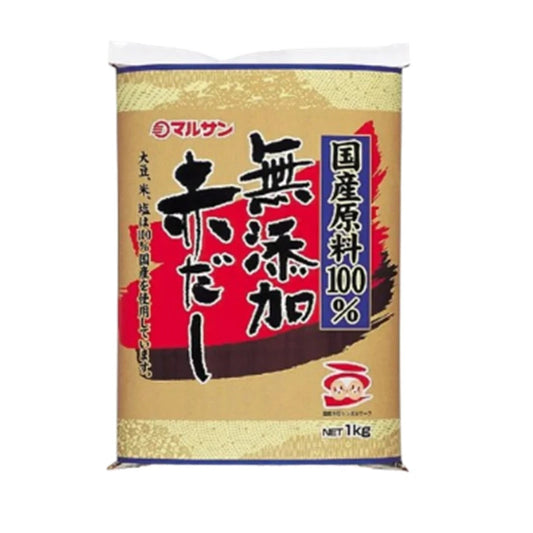 MARUSAN-AI additive-free akadashi red miso paste made with Japanese soybeans, rice, and salt, displayed in four 1kg bags.