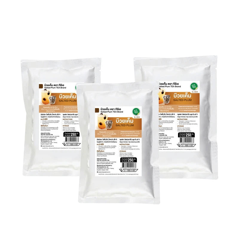 Three bags of TEA Salted Dried Plum, 250g each, showing the packaging with salted dried plums inside.