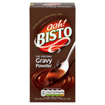 Bisto gravy powder in a jar, grocery product with a scoop, used for making flavorful gravy and sauces.