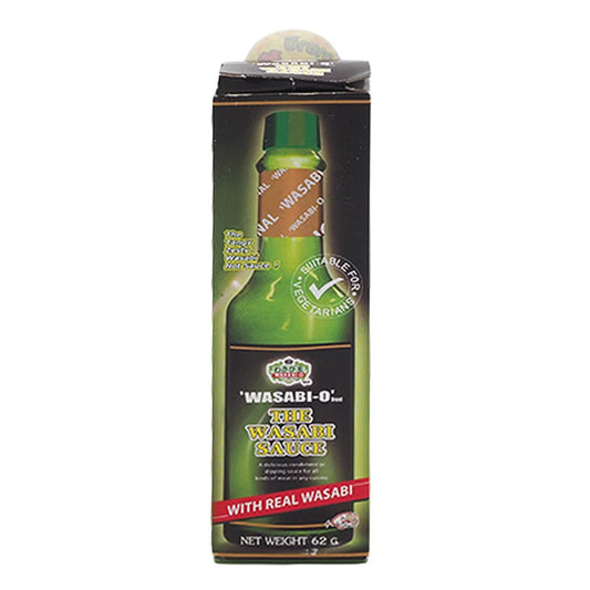WASABI-O Wasabi Sauce 62g jar with bright green wasabi paste and label, ready for sushi or Japanese cuisine.