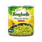 Canned Bonduelle Flageolet beans in 400g can, showcasing the white beans with a label and pull-tab lid.