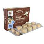 Airborne Manuka and Honeydew Lozenges, confectionery snacks, with golden lozenges and natural honeydew flavor.