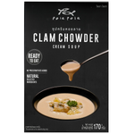 Pola Pola clam chowder cream soup in a ready-to-eat grocery container, creamy texture with visible clam pieces and soup ingredients.