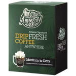 Cafe Amazon drip coffee original drink in a clear cup with a lid and straw, showcasing a dark, aromatic coffee beverage.