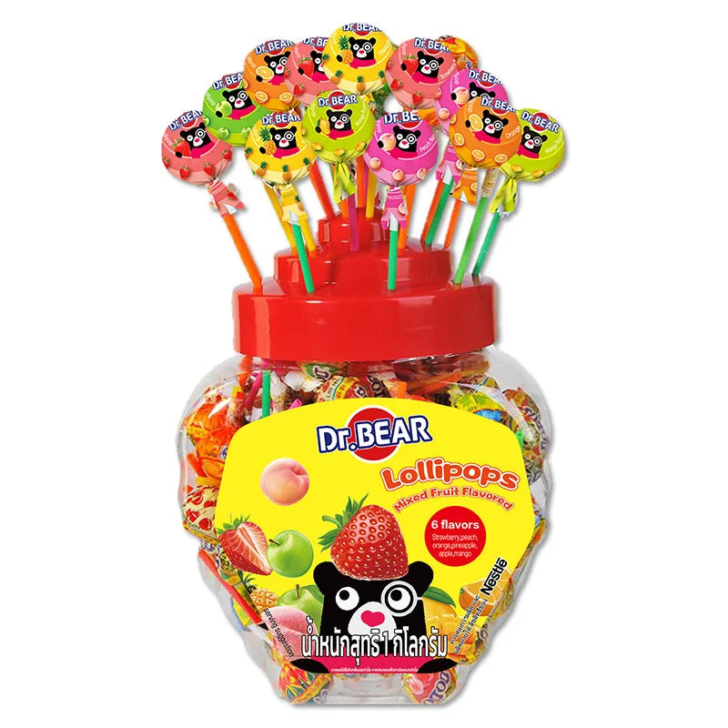 DR.BEAR Mixed Fruit Lollipop 1 kg, colorful assorted fruit-flavored candies with vibrant wrappers, displayed in a pile.