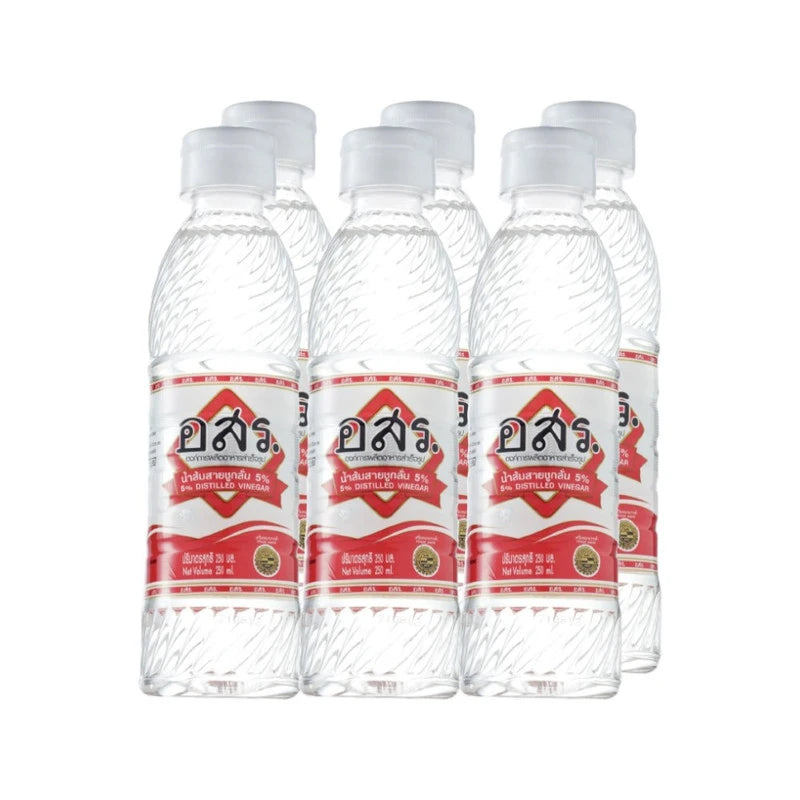 Six bottles of Aor Sor Ror distilled vinegar 5% in 250 ml bottles, showing clear glass bottles with vinegar inside.