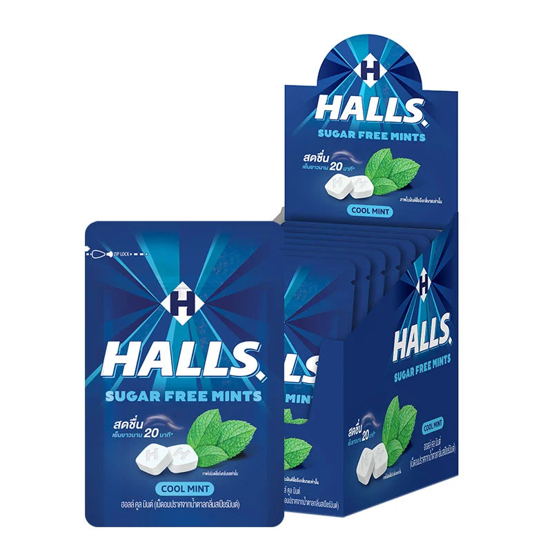 HALLS Cool Mint Candy Mints in a 15.4g pack, showing fresh mint candies with green wrappers and the HALLS logo.