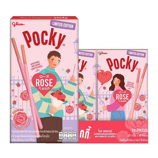Pocky Rose Flavour Biscuit Sticks in 31g packs, showing crispy chocolate-coated biscuit sticks with rose flavor accents.
