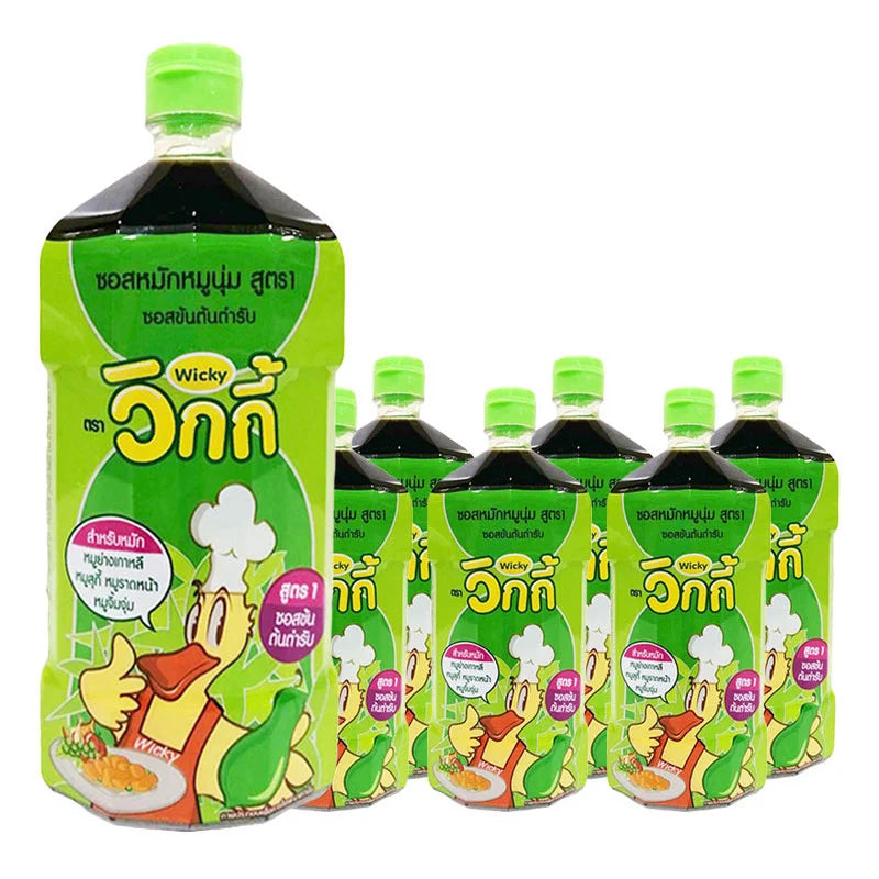 Wicky Green Marinade Sauce 800g bottle, close-up view showing label and vibrant green color, 12-pack packaging.