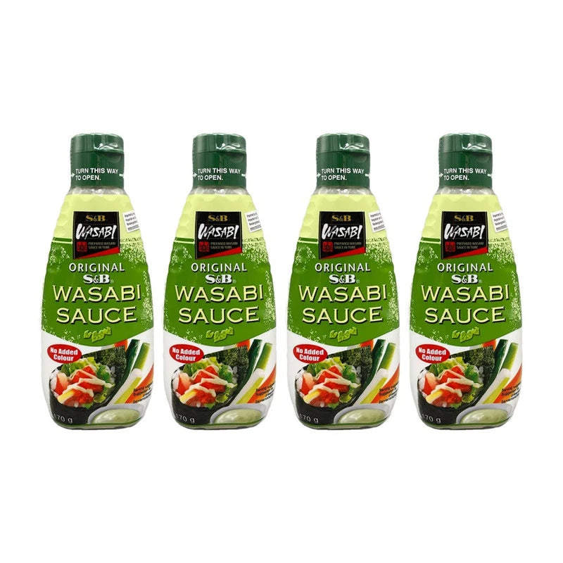 Four bottles of S & B Original Wasabi Sauce with wasabi, horseradish, and sunflower oil, made in Japan, 170g each