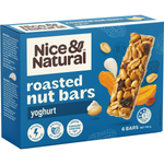Nice & Natural Roasted Nut Bars with Yoghurt flavor, showing crunchy nut and yogurt coating in a grocery product image.