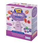 Happy Bites Organic Rice Mixed Berry confectionery snacks in colorful packaging, featuring rice treats with mixed berry flavor.