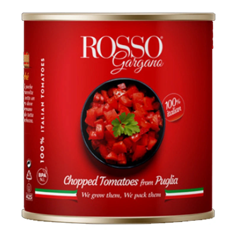 ROSZO Chopped Tomatoes Sauce in a 2.5 kg container, featuring bright red chopped tomatoes with herbs and seasoning.