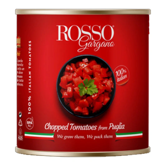 ROSZO Chopped Tomatoes Sauce in a 2.5 kg container, featuring bright red chopped tomatoes with herbs and seasoning.