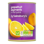 Sainsbury's grapefruit segments in juice, canned fruit in transparent container showing juicy grapefruit pieces