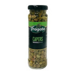 Canned Fragata Capers in brine, 99g jar, showing fresh green capers submerged in brine for culinary use.