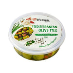 Makro Mediterranean Olive Mix in 185g package, showing a variety of green and black olives on a wooden surface.