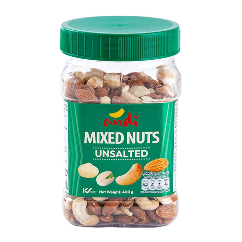 Andi unsalted mixed nuts in a 400g package, showing a variety of almonds, cashews, and walnuts on a wooden surface.