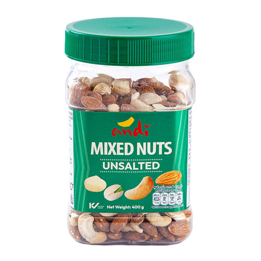 Andi unsalted mixed nuts in a 400g package, showing a variety of almonds, cashews, and walnuts on a wooden surface.
