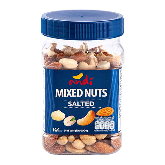 Mixed salted nuts in a 400g package from ANDI, showcasing a variety of salted nuts in a clear bowl.