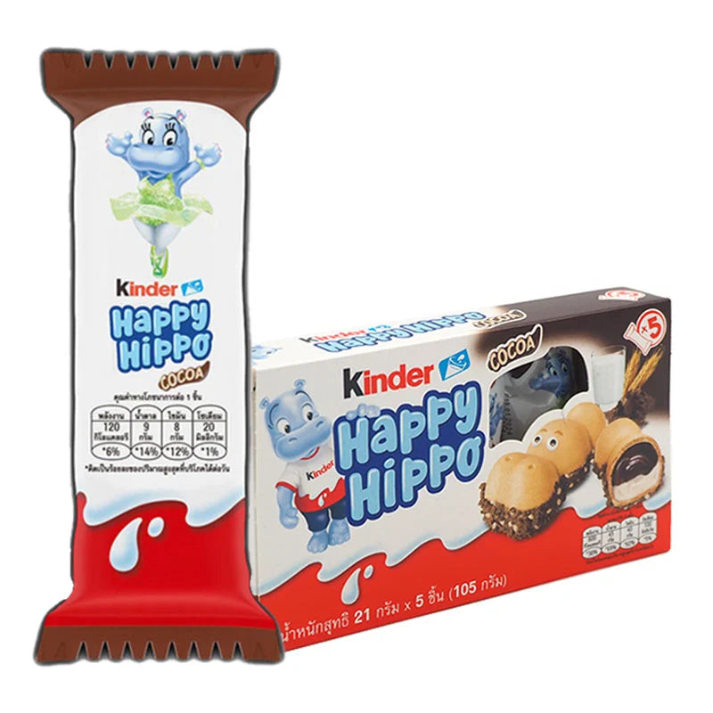 Kinder Joy Happy Hippo chocolate in 105g package, featuring a cute hippo-shaped Kinder Joy treat with creamy filling and chocolate coating.
