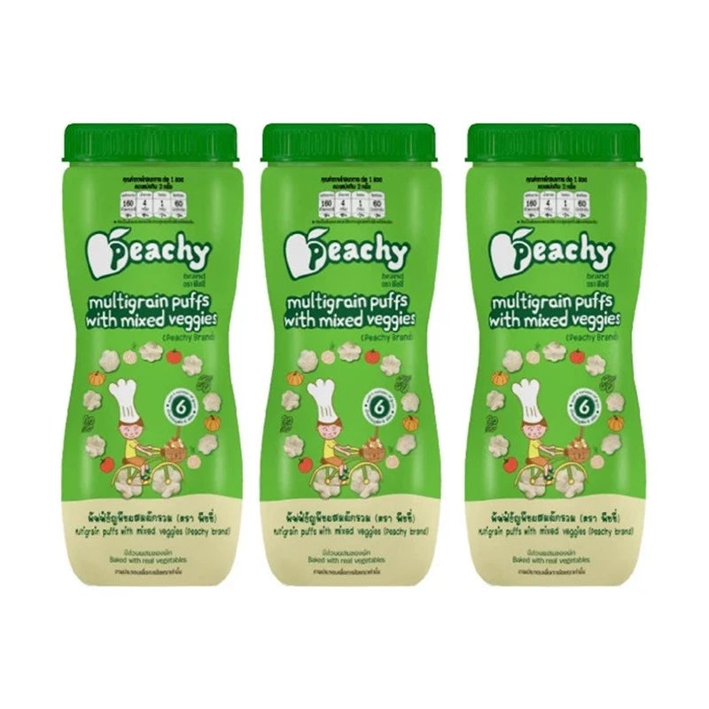 PEACHY cereal puff snack set with three jars, plus one free jar, featuring peach cereal puffs and vegetable mix in colorful jars.