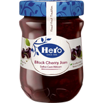 Hero Black Cherry Jam jar with a label showing fresh black cherries, perfect for spreading or adding to desserts.