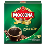 Moccona Espresso drink in a glass cup with rich, dark coffee and crema on top, showcasing a smooth and flavorful coffee beverage.