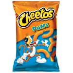 Cheetos Puffs snack bag with cheesy, crunchy Cheetos Puffs in bright orange packaging.