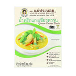Mae Pranom Green Curry Paste jar, Thai grocery product with vibrant green paste visible inside.