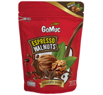 Gomuc Espresso Walnuts confectionery snack in a clear container, featuring roasted walnuts coated with coffee-flavored glaze.