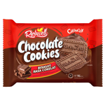 Richwell Chocolate Cookies, confectionery snacks with crispy chocolate cookies on a white plate, close-up view.