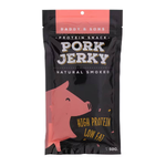 Daddy & Sons Pork Jerky confectionery snack, sliced pork jerky pieces in a clear packaging, ready to enjoy.